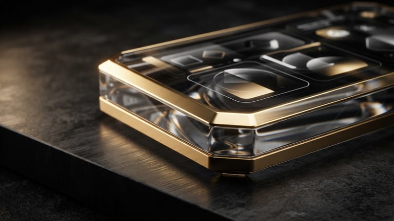 Macro close-up of a premium glassmorphic 3D device mockup with gold rim lighting, dark luxury aesthetic, sharp focus, 35mm