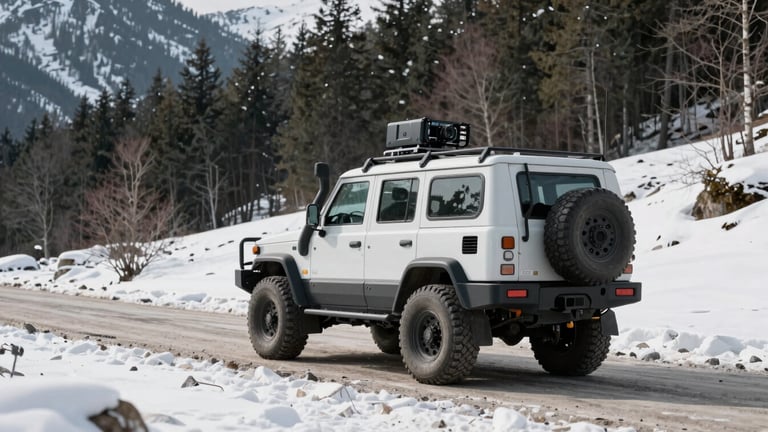 A branded 4x4 field vehicle with surveying equipment mounted, parked on a rugged mountain road in deep snow under crisp natural daylight, showcasing its readiness for challenging deployments. Muted forest tones, sharp focus, 35mm lens.