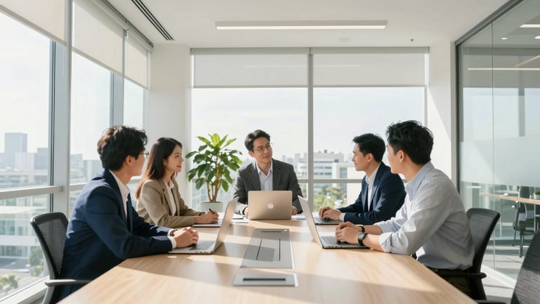 Bright editorial photography of a sunlit, modern collaborative corporate meeting room with glass walls, soft natural daylight, professional Florida setting, 35mm.