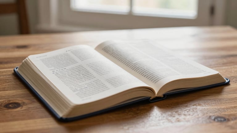 Warm editorial photography of an open Bible with handwritten notes on a wooden table, soft natural window light, deep navy and gold tones, shallow depth of field, 35mm