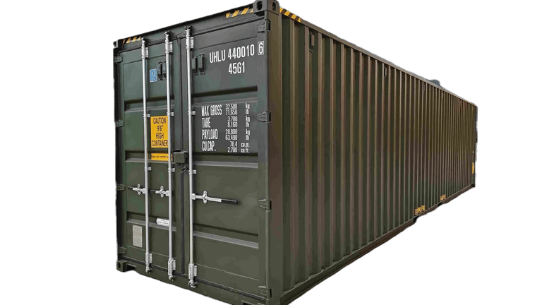 Dark green 40ft high cube shipping container with steel doors for storage and freight transport.