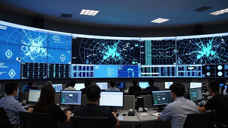 Wide panoramic shot of an elite security monitoring center, multi-screen data walls displaying blue and cyan digital maps, high-density telemetry, low-key lighting.