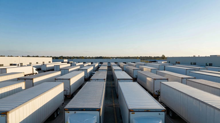 Wide panoramic shot of a modern commercial logistics yard in Saint Pauls, NC, clean semi-trailers parked in neat rows under a clear morning sky, cinematic lighting