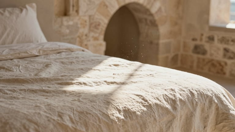 Close-up of textured beige linen sheets on a low bed, sunbeams highlighting dust motes and the rough texture of a historic limestone arch in the background.