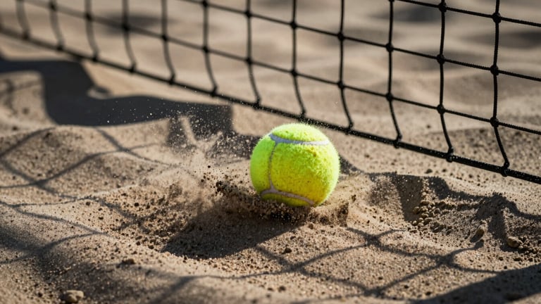 Macro shot of a beach tennis ball hitting the top of the net, sand particles flying, high-contrast natural sunlight, deep shadows, 85mm.