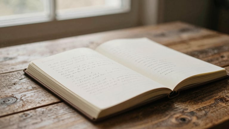 Close-up of an open journal with hand-written notes on a rustic wooden table, soft morning light filtering through a window, warm earthy tones, shallow depth of field