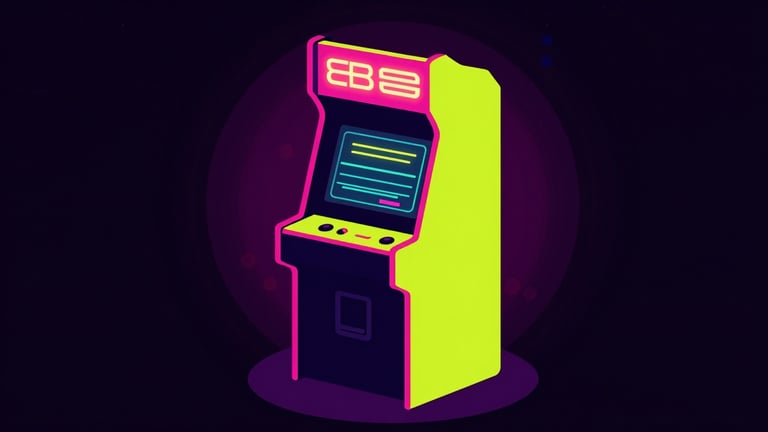Wide panoramic vector illustration of a retro arcade cabinet glowing in cyber-lime and hot pink accents, dark synthwave backlighting
