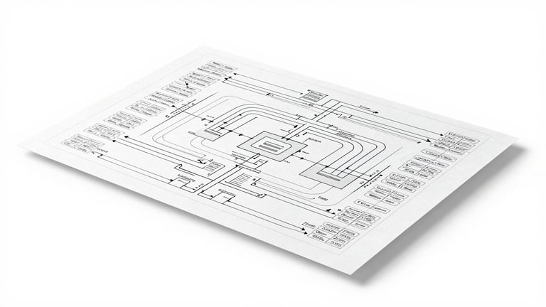 Overhead shot of a complex but clean architectural diagram showing data flow and automation steps, bright studio lighting, white background, sharp focus, 50mm lens, 21:9 panoramic frame