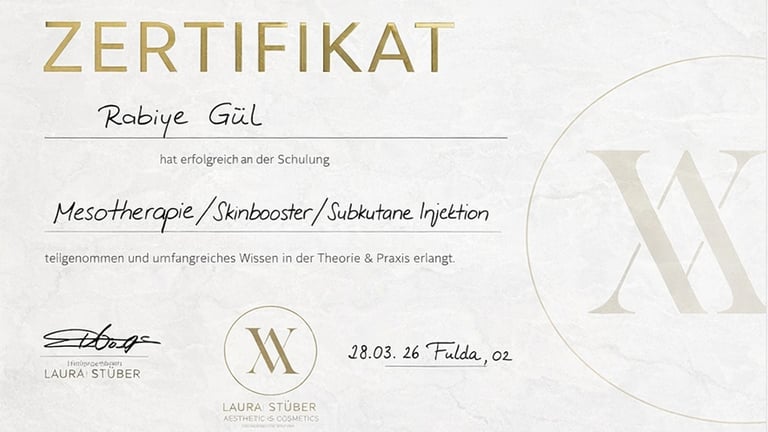 Mesotherapie training certificate for Rabiye Gül from Laura Stüber Aesthetics and Cosmetics.