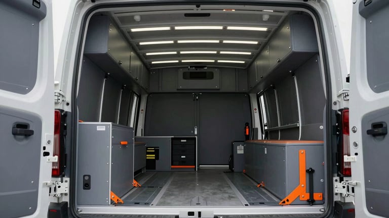 Wide shot of the interior of a spotless, climate-controlled transport vehicle, showing secure tie-downs and specialized equipment for high-value assets, sharp industrial indoor lighting, slate gray and orange tones, sharp focus, 35mm lens