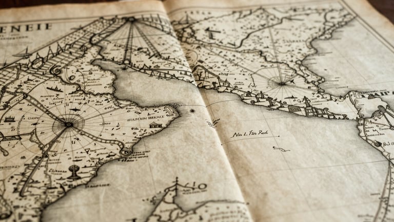 Wide panoramic shot of a detailed 18th-century Atlantic navigation map, aged parchment, soft diffused library light, macro detail of cartography.
