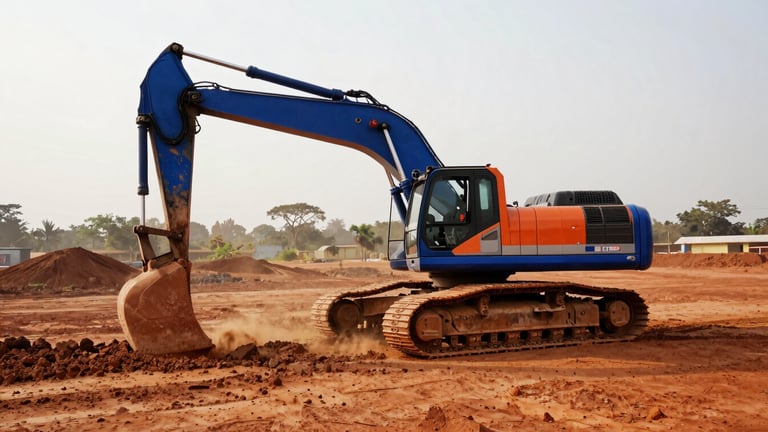 Excavatrice moderne en action sur un sol latéritique rouge au Togo, soleil couchant, poussière dorée.