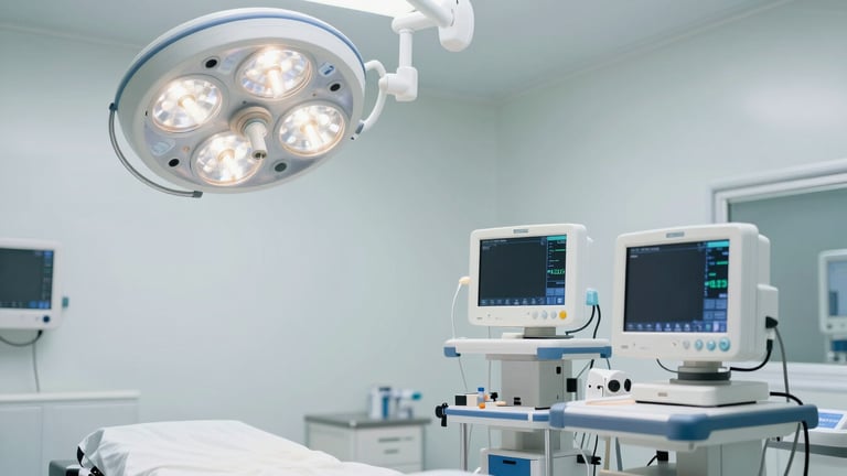 A clean, modern hospital trauma room with advanced medical monitors and surgical lights, bright clinical lighting, professional medical setting, soft high-key tones, sharp 50mm lens