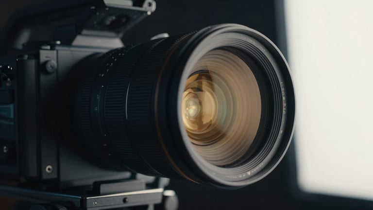 Cinematic close-up of a high-end studio camera lens reflecting warm gold lights, dark background, professional broadcasting setup.