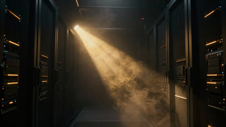 Dark high-tech server room shrouded in smoke, glowing gold light shafts cutting through deep shadows, cinematic 35mm lens