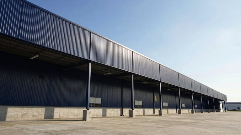 Low-angle architectural perspective of a modern concrete and steel logistics terminal, crisp natural daylight, deep navy shadows, 35mm editorial photography