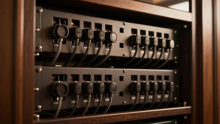 Extreme close-up of a neatly organized, hidden AV rack setup in a luxury residential interior, professional cable management, warm ambient architectural lighting, deep shadows, rich bronze and charcoal tones, Hasselblad medium format