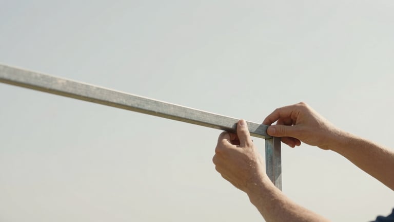 Wide editorial photograph of hands assembling a structural metal armature, bright natural daylight, clean neutral backdrop, sharp focus, 35mm.