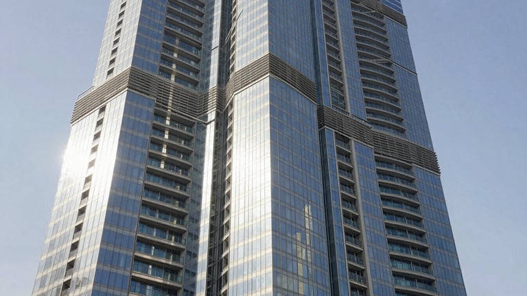 Dramatic low-angle architectural shot of Shatha Towers in Dubai, showcasing high-altitude aluminum cladding panels reflecting bright desert daylight, sharp focus, 35mm