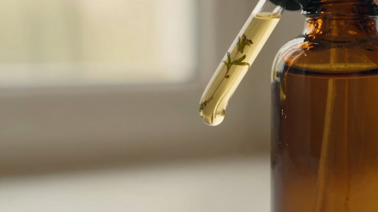 Close-up macro shot of a rich, golden botanical oil texture swirling gently in an amber glass bottle, soft golden-hour window light, shallow depth of field, muted cream and botanical green tones.