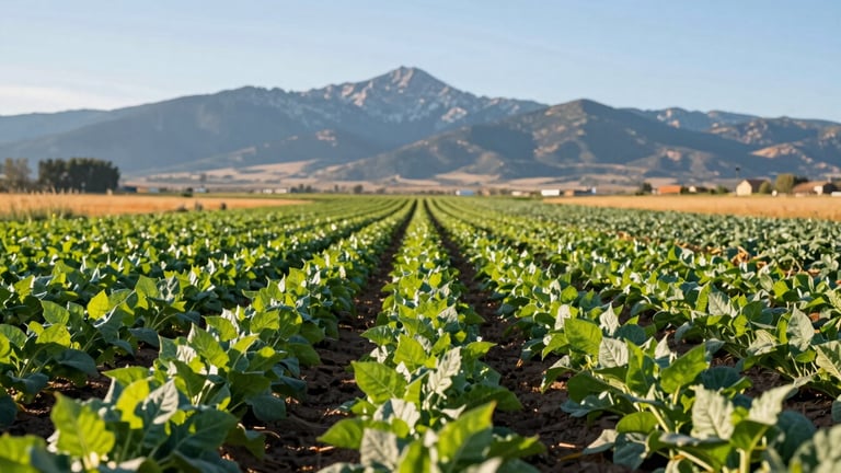 Wide panoramic shot of a sunny organic farm field in Colorado, rows of vibrant green crops stretching toward the distant Rocky Mountains, soft morning sunlight, clean clear sky