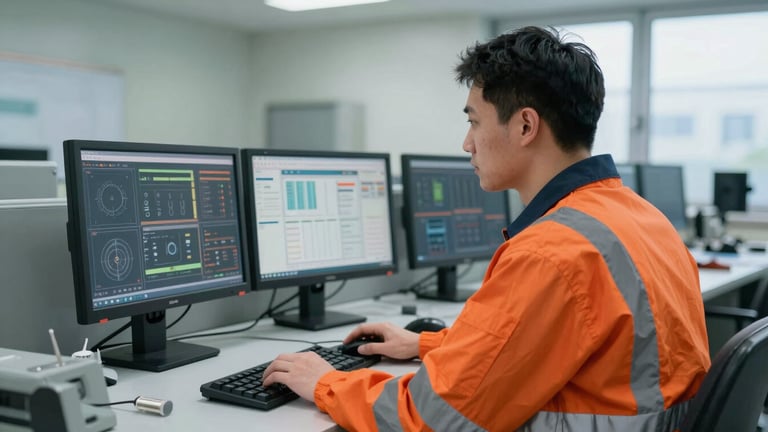 Sharp industrial photography of an engineer in a control room wearing proper PPE, looking at technical monitors, natural daylight, cool steel tones with safety orange accents, crisp focus.
