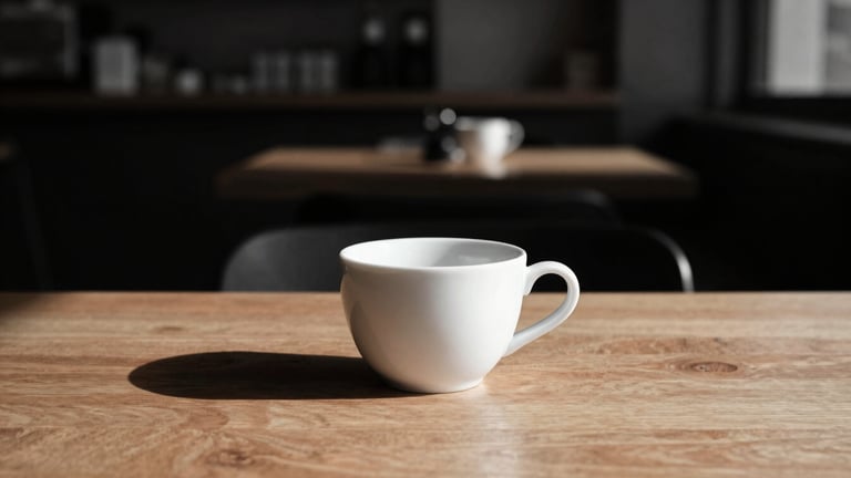 Minimalist table setting with a single white ceramic cup on a warm wood table, strong shadows, high-contrast side-lighting, blurred monochrome café background, 35mm lens.