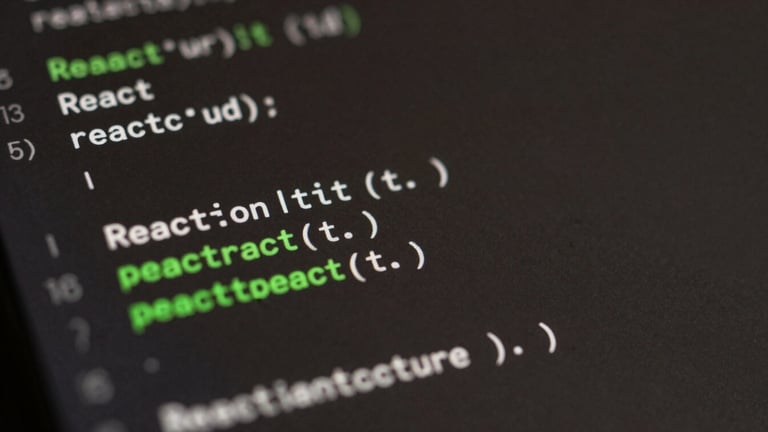 Macro close-up of clean, well-structured React code on a dark screen, soft green syntax highlighting, shallow depth of field, minimalist aesthetic.