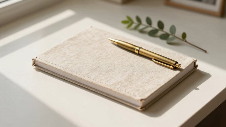 A close-up flat-lay of a linen-covered journal, a brass pen, and a small green branch resting on a cream-colored desk, soft morning sunlight casting long shadows, warm editorial photography style.