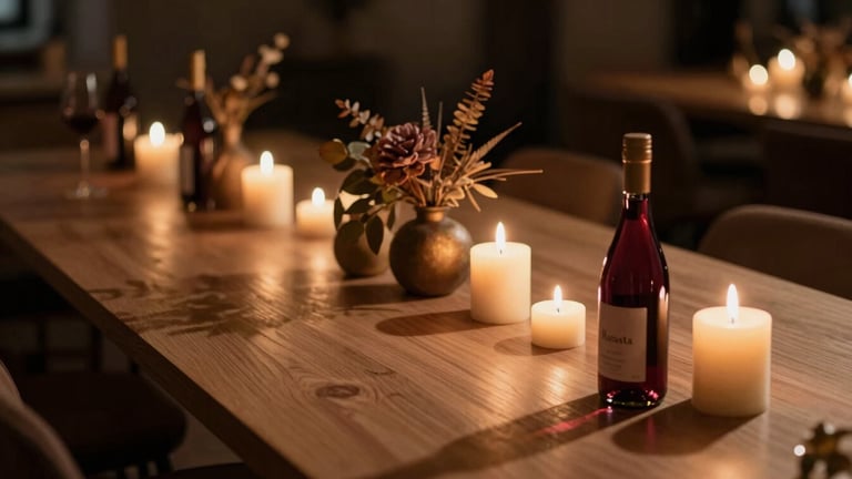 Wide shot of a dimly lit room with several Renata candles on a long wooden table, soft shadows, botanical arrangements, warm chiaroscuro lighting, elegant, shallow depth of field, wine red and bronze yellow accents.