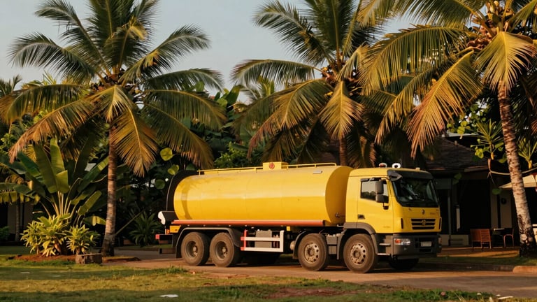 Low-angle cinematic shot of a clean yellow vacuum tanker parked discreetly behind lush tropical palms near a luxury Goan resort, golden hour sunshine casting long shadows.