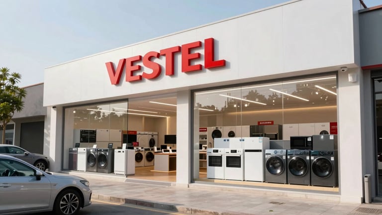 Wide panoramic shot of a modern Vestel showroom exterior at street level, clear signage, with a few cars parked in front, bright daylight, low angle.