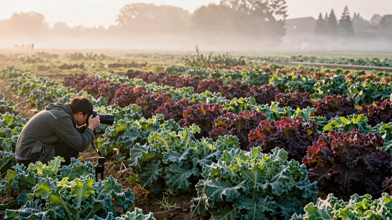 Wide panoramic shot of a sun-drenched organic farm at sunrise, dew on kale leaves, a photographer in a utility jacket adjusting a lens in the lower left, soft morning fog.