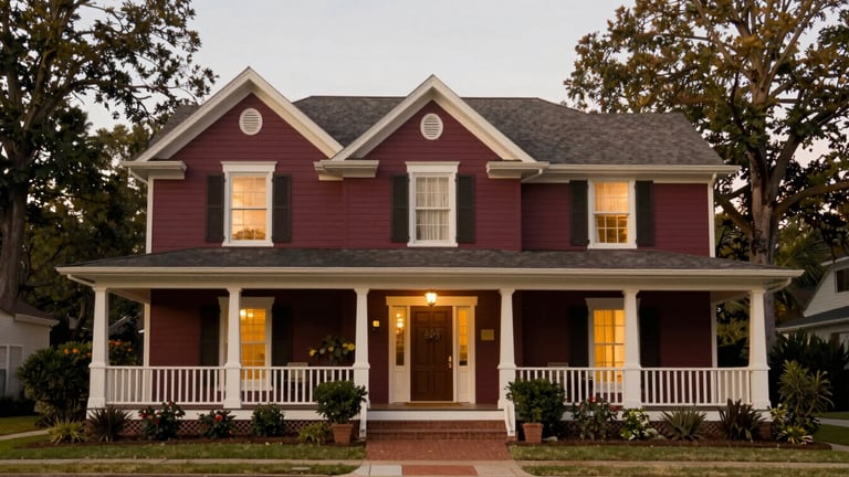 A wide panoramic shot of a classic, elegant Atlanta residential home with a welcoming front porch, surrounded by mature trees, soft evening light.