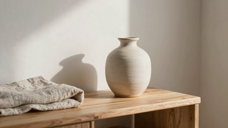 Close-up of a curated interior vignette, ceramic vase on a timber console, linen throws, soft morning daylight, neutral tones, shallow depth of field, 35mm