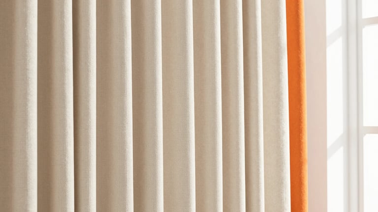 Close-up of perfectly pleated beige curtain fabric, natural sunlight creating soft shadows, highlighting texture and neat stitching, bright interior photography.