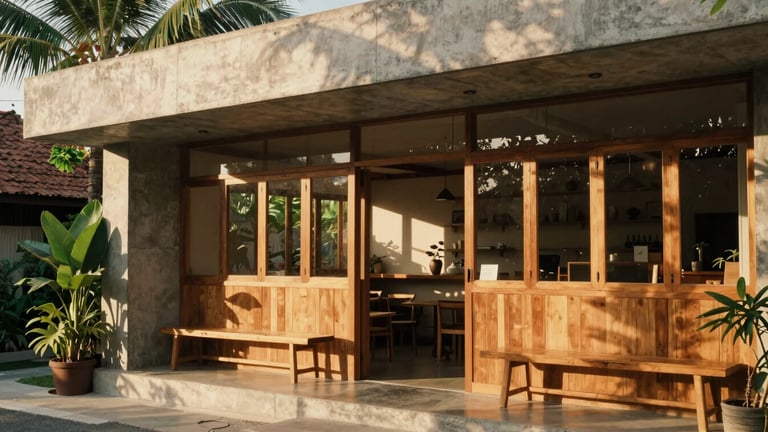Warm architectural shot of Hanaka Classic's Bali studio, concrete and warm wood elements, tropical plants, golden-hour light casting soft shadows, 35mm film.