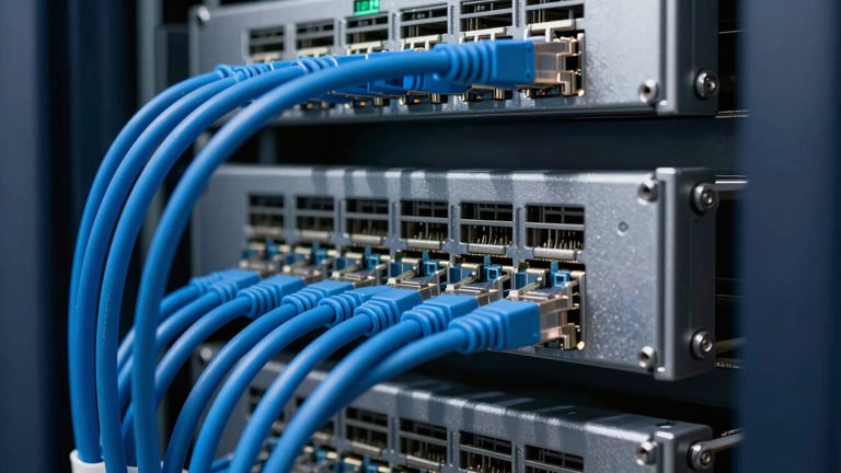 Close-up of a neatly organized server rack with blue and cyan ethernet cables, clean structured cabling, metallic textures, cool daylight, 35mm