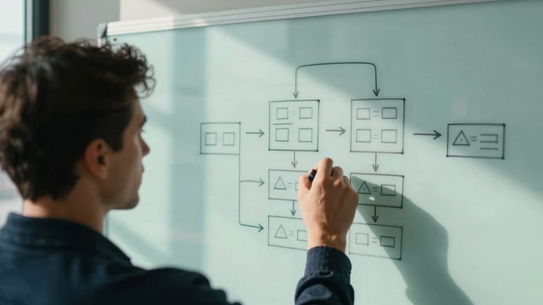 Over-the-shoulder view of a software architect sketching a database schema on a physical whiteboard, cool natural daylight, deep slate tones, sharp focus.