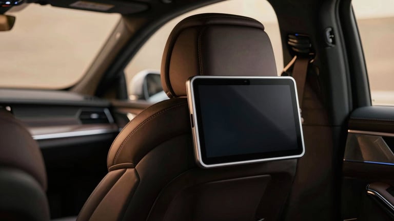 Close-up of a premium leather back seat of an executive sedan, modern tablet mounted on the headrest, warm ambient cabin light, shallow depth of field, cinematic.