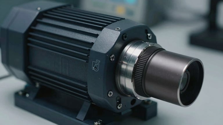 Macro photograph of a heavy-duty industrial servo motor coupled to a diagnostic rig, cool white laboratory LED light, sharp shadows, technical elevation