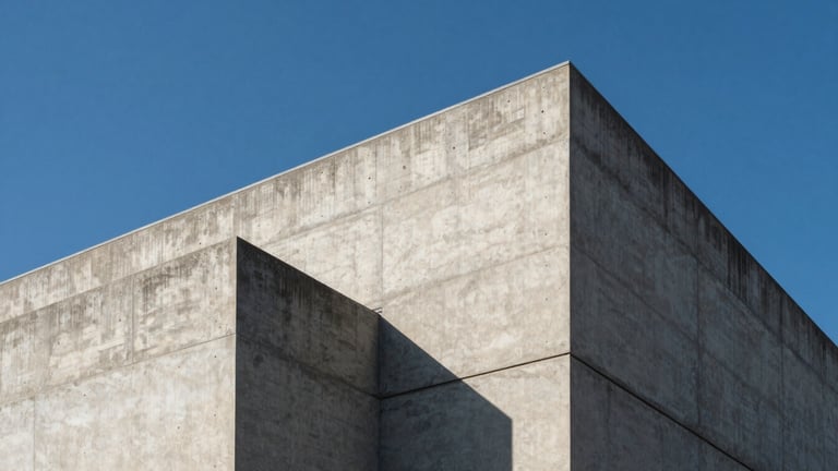 Minimalist architectural detail of a modern concrete building in Santiago, sharp angles, clean blue sky background, high contrast daylight.