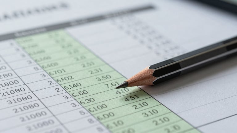 Macro shot of financial audit documents with highlighted figures, a mechanical pencil resting on precise tables, cool diffused lighting.