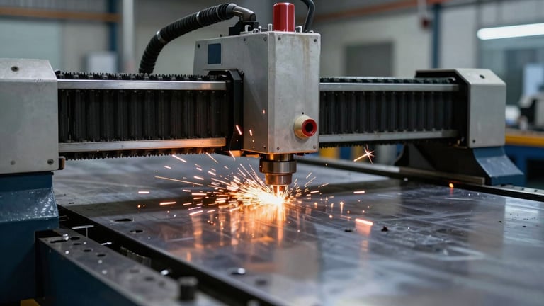 Dramatic wide-angle industrial photography of a CNC laser cutter throwing sparks onto a metal plate, high-contrast workshop lighting, cool steel tones with intense orange sparks, 50mm