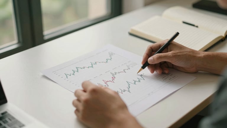 Overhead shot of hands analyzing financial charts and notebooks on a clean desk, warm natural window light, forest green accents, shallow depth of field, 35mm