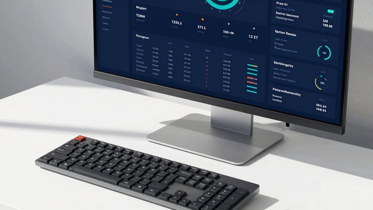 A clean modern desk setup with active data dashboards on a high-resolution display, sharp shadows, bright natural daylight, 35mm lens