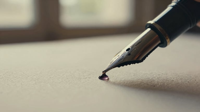 Macro close-up of a fountain pen nib touching textured bone-colored paper, a tiny drop of dark ink spreading naturally, warm morning sunlight, shallow depth of field, atmospheric