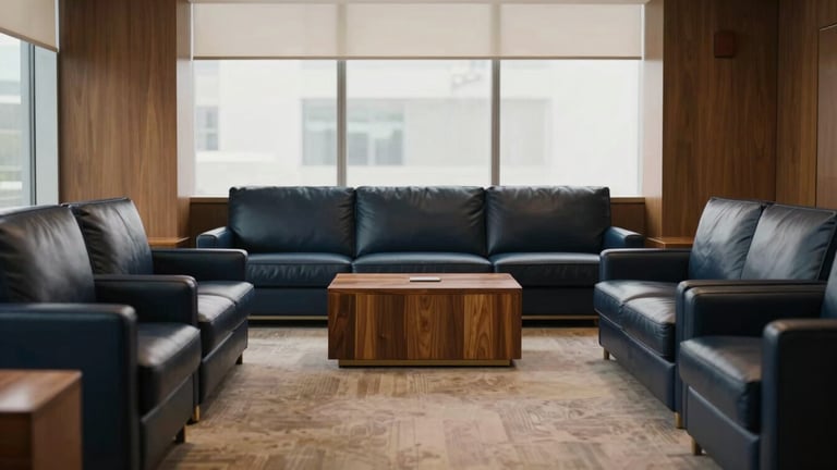 Wide, symmetrical environmental composition of a quiet, empty executive lounge, luxurious materials like polished wood and leather, soft diffused natural light, deep navy and muted gold tones, 35mm, editorial lifestyle photography.