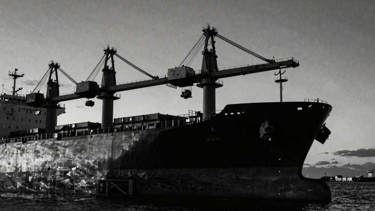 Low-key black and white editorial photography of a massive cargo ship hull and industrial cranes at dusk, dramatic chiaroscuro lighting, deep shadows, sharp contrast, 35mm film grain
