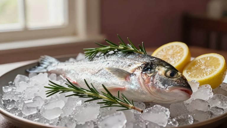 Close-up of fresh silver sea bream resting on crushed ice, garnished with wild rosemary and Ligurian lemons, warm soft window light, shallow depth of field, 35mm